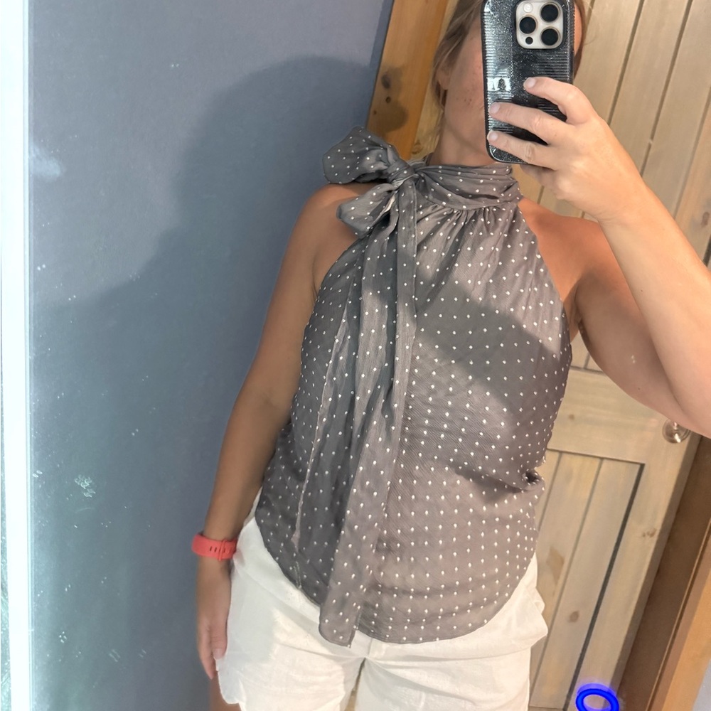 Diane Von Furstenberg Gray Polka Dot Halter Blouse